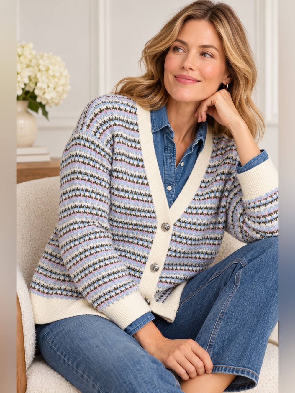 Talbots | Breezy Stripe Metallic V-Neck Cardigan | XL